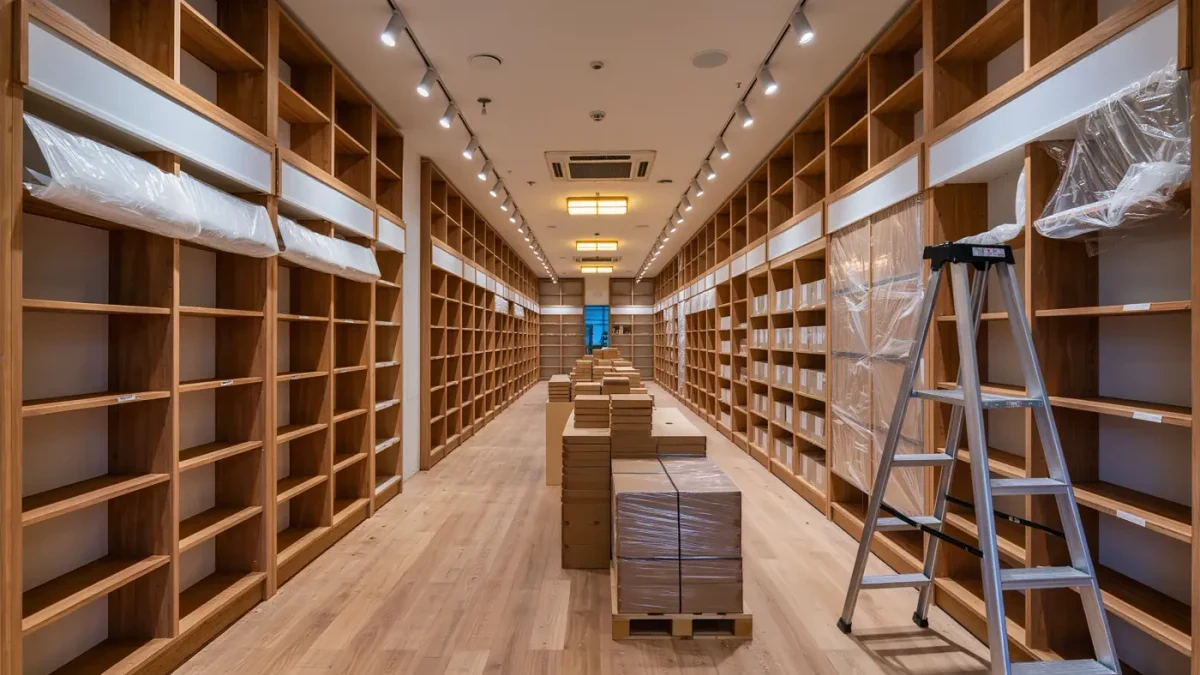 New bookstore interior with shelves being stocked, no people