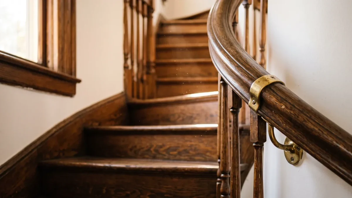 Close-up of a wooden staircase turning a corner toward an unseen next flight