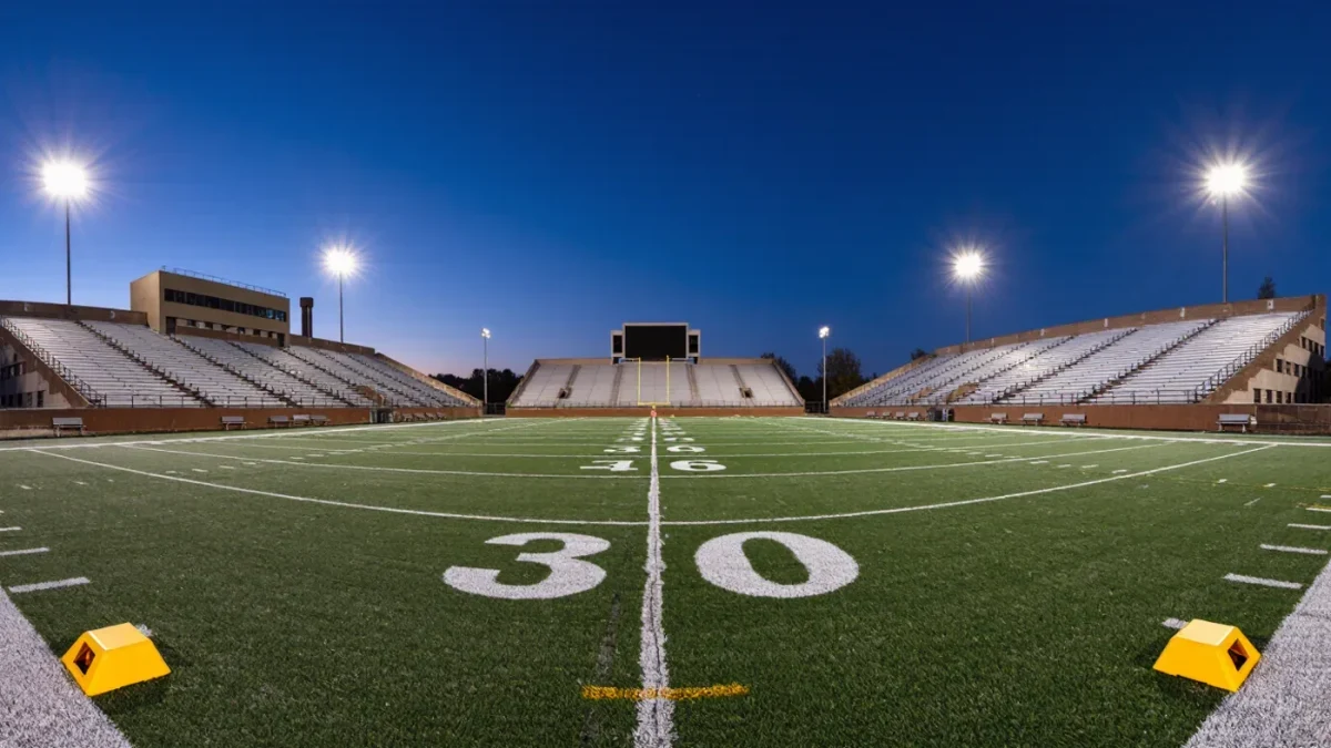 Cold-weather college football playoff game on a campus field at night