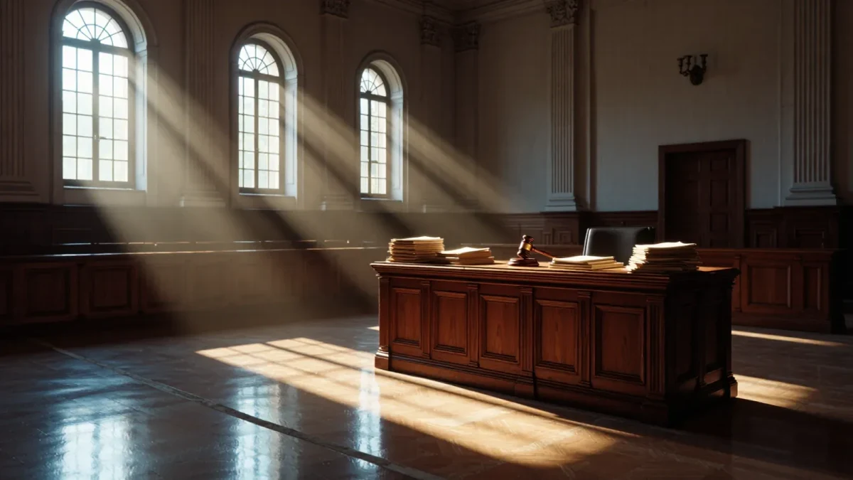Empty court bench with legal papers and wooden gavel