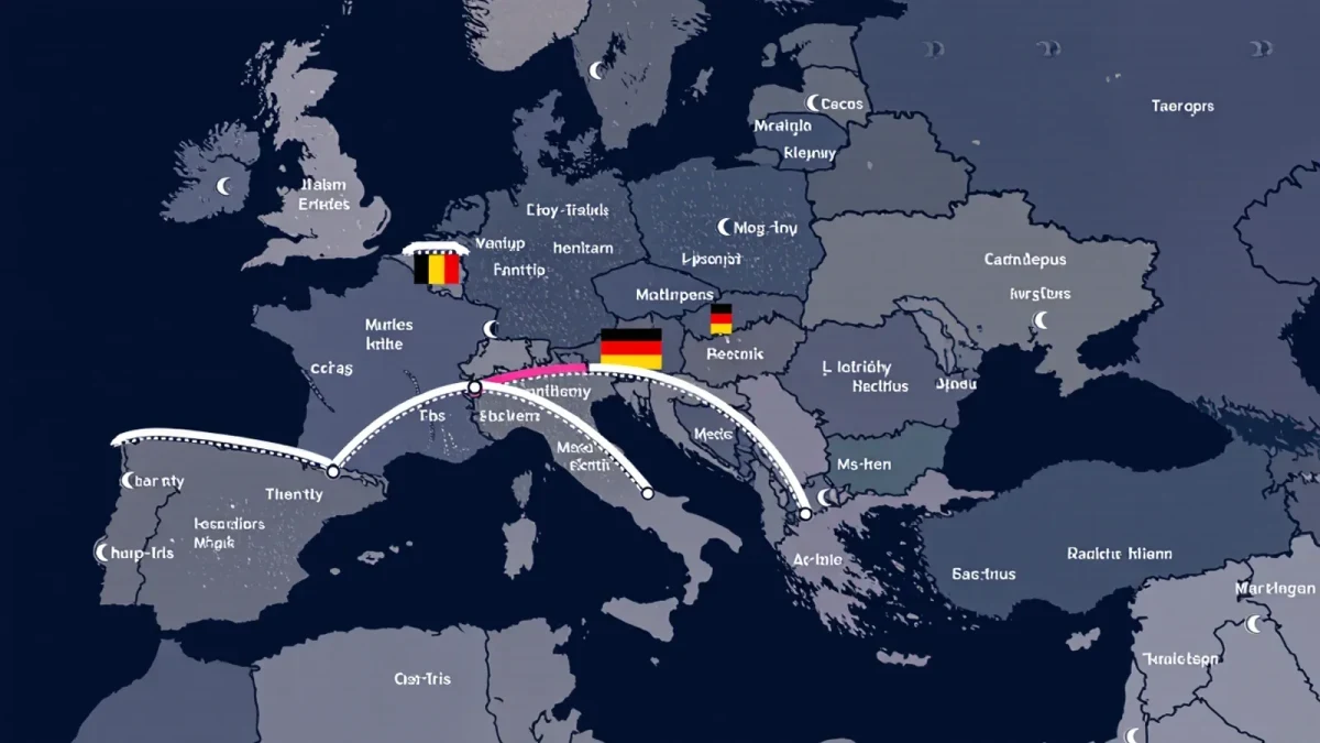 Map infographic of European rail routes to festival cities
