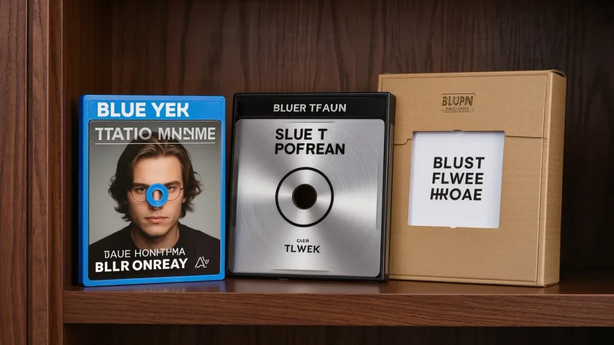 Close-up of collectible Blu-ray cases on a media shelf