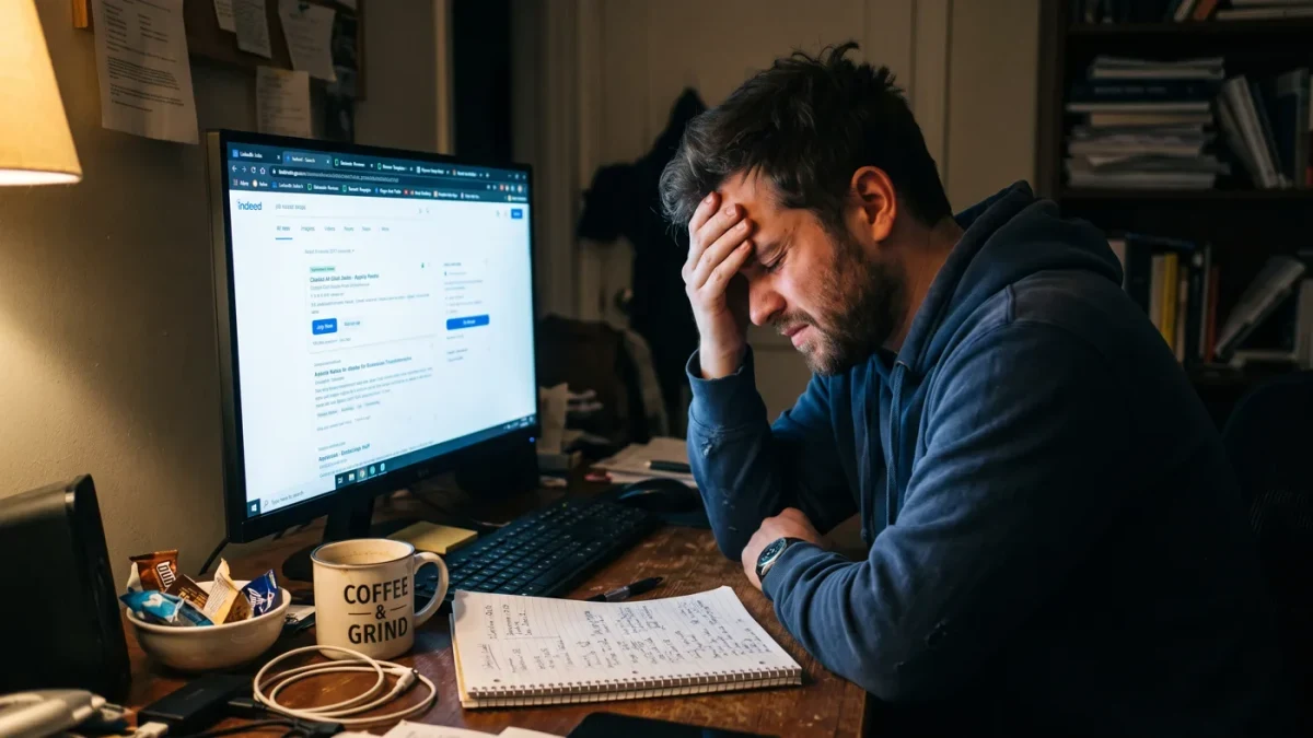 Jobseeker reviewing many open tabs of job listings at night