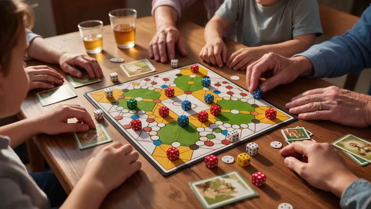 Hands of several family members around a board game