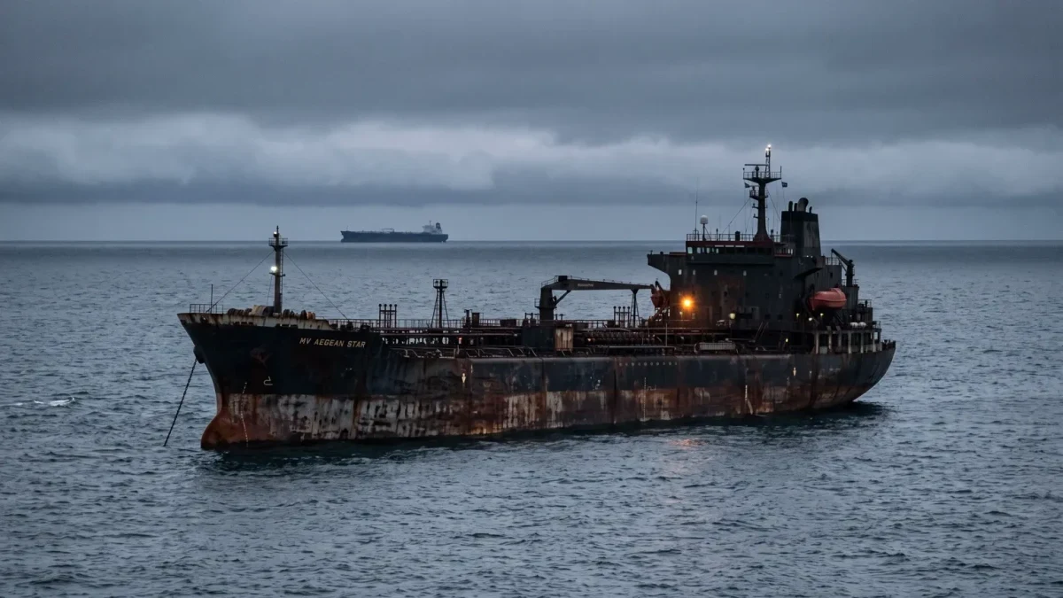 Rust-streaked aged tanker anchored in grey open water at dusk