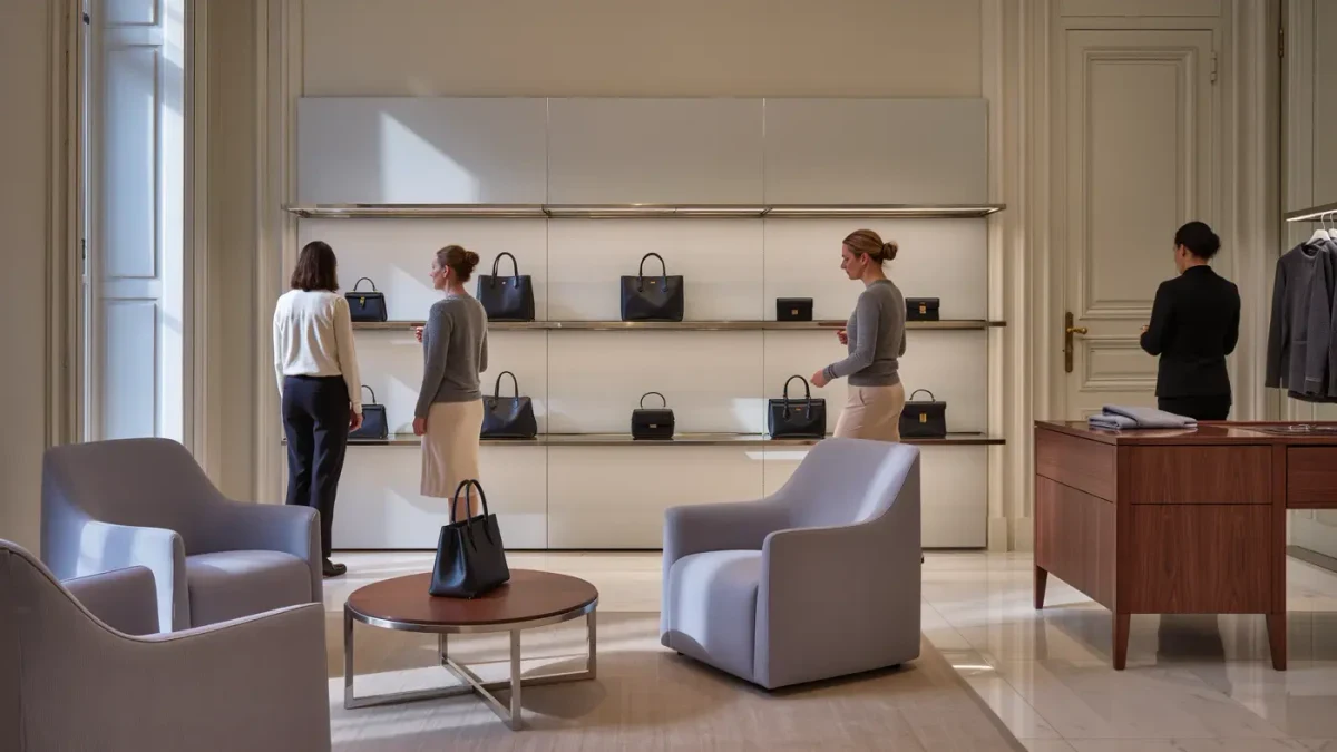 Shoppers browsing structured black handbags in a quiet Paris boutique