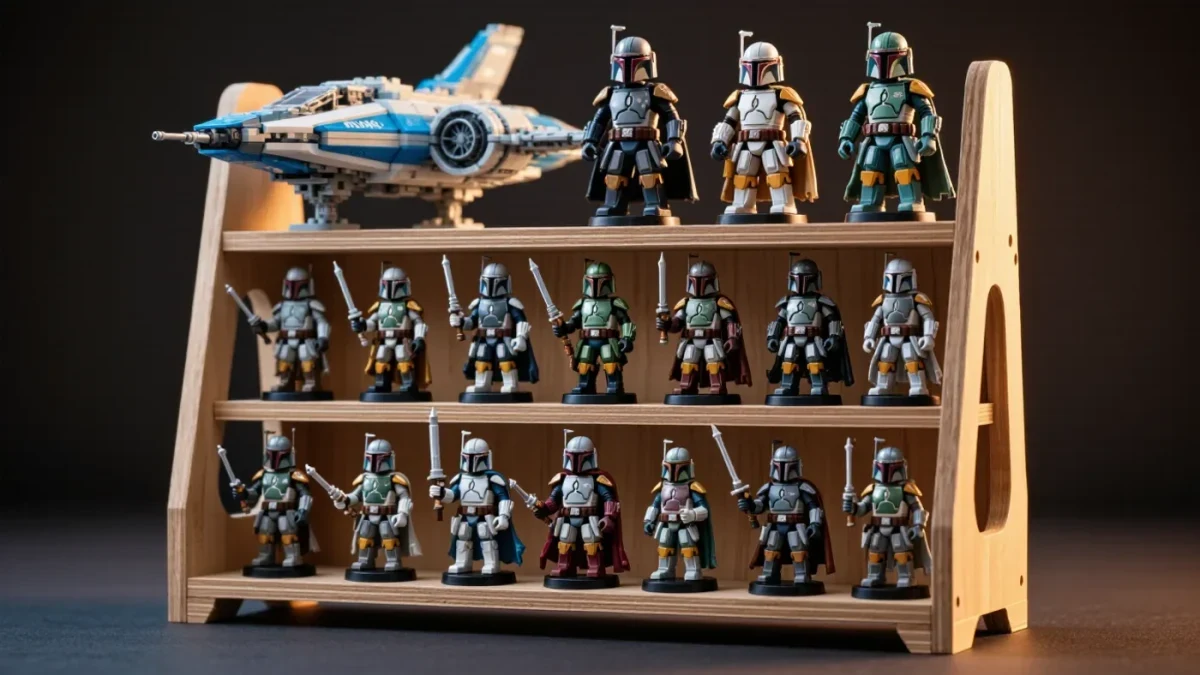 Shelf of collectible franchise action figures under warm display light