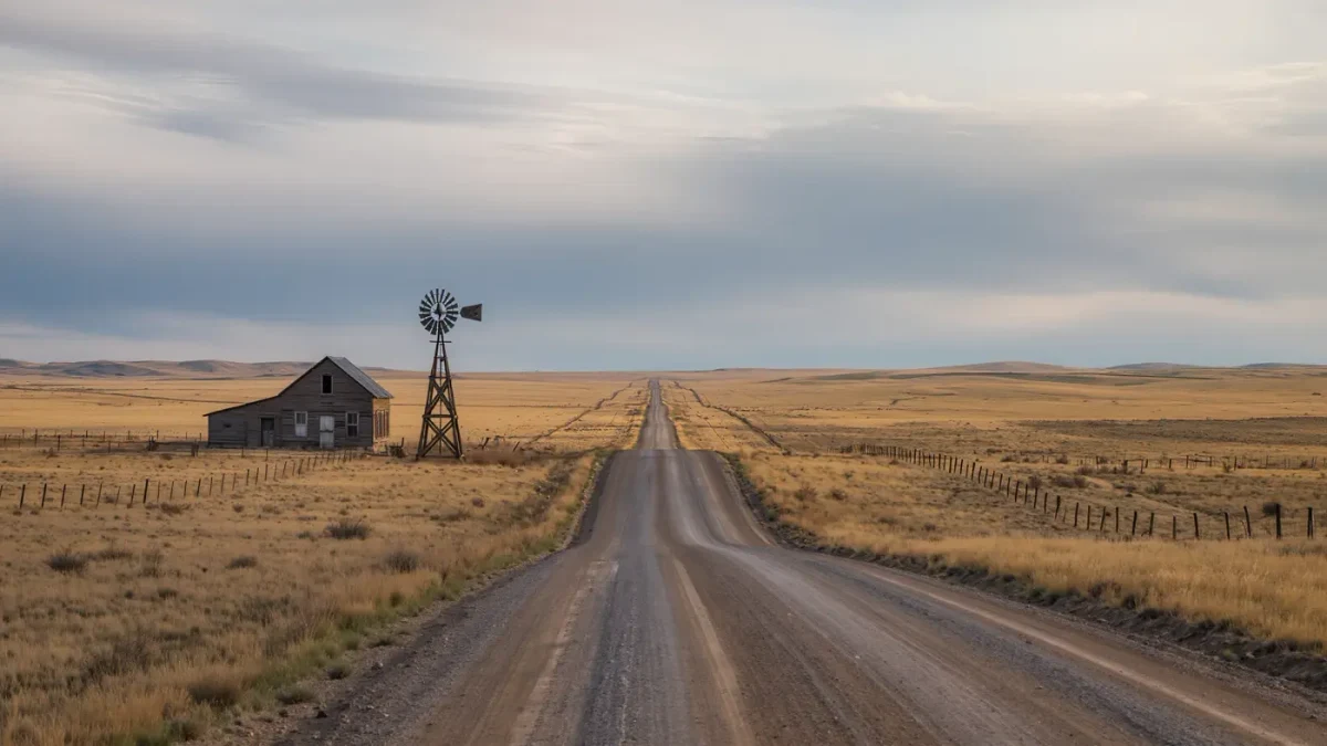 Empty rural dirt road and farmhouse under a wide plains sky