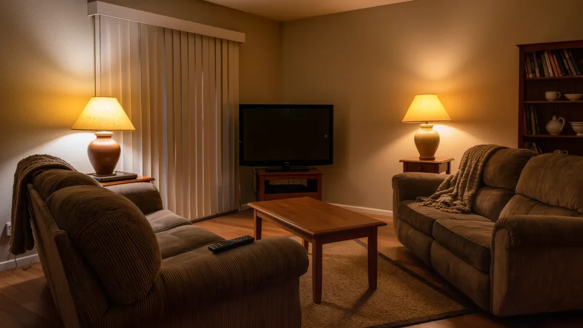 Remote control on a sofa armrest near a dark television