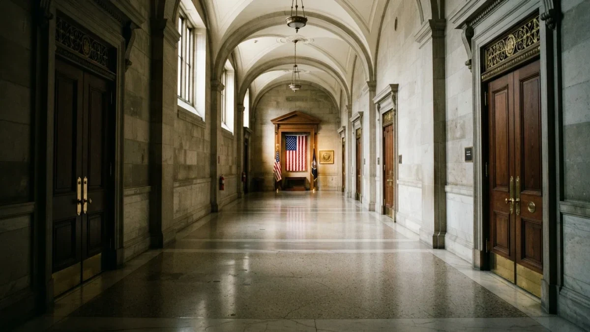 Empty marble corridor inside a federal regulatory agency building