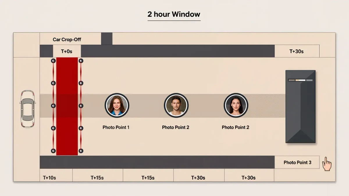 Diagram of a red carpet arrival route with marked photo points and timed pauses
