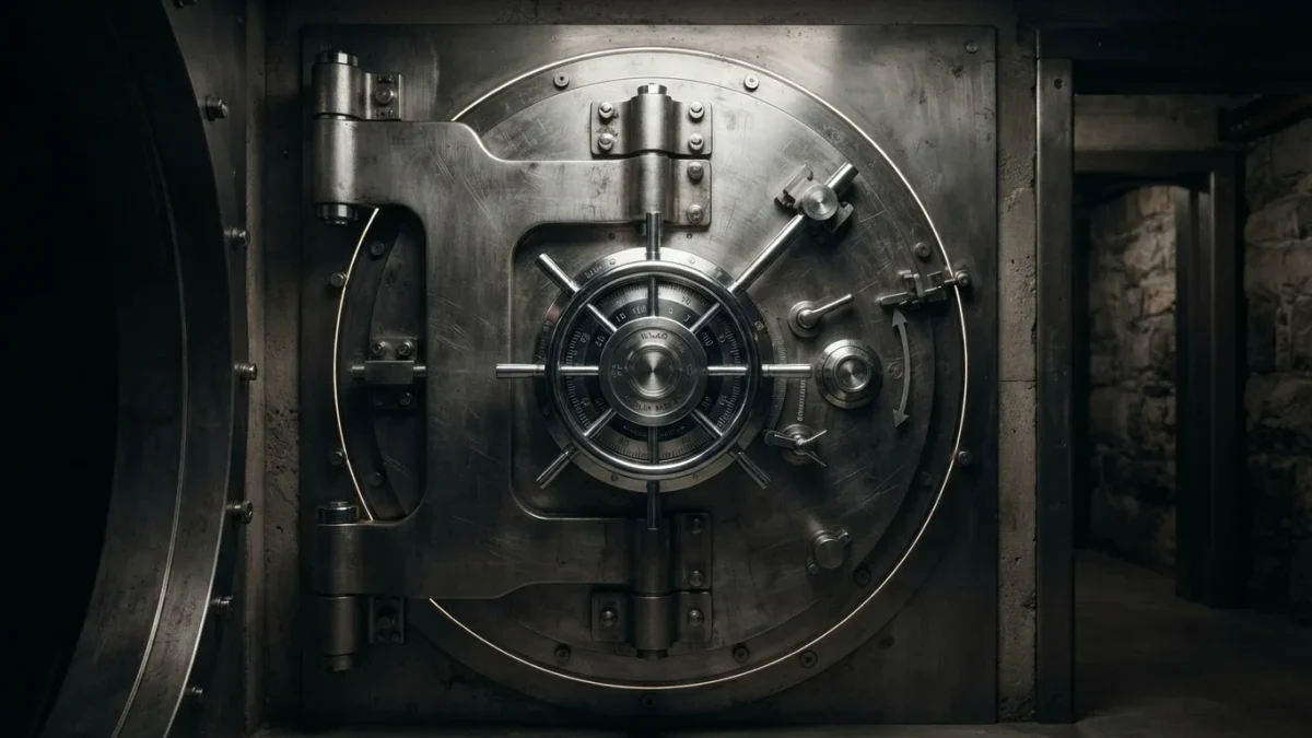 Massive steel bank vault door closed inside a dim institutional corridor