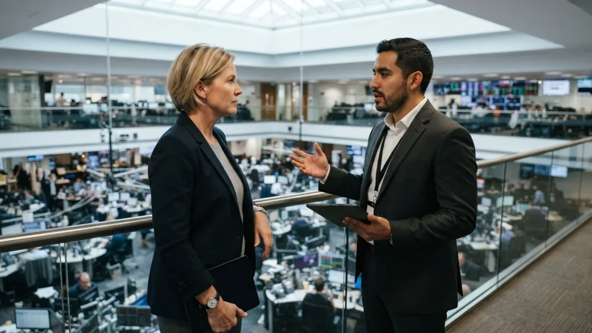 Two institutional traders in discussion at a mezzanine railing