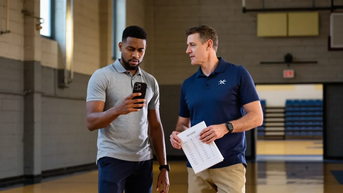 Two basketball executives checking phones in a quiet arena corridor
