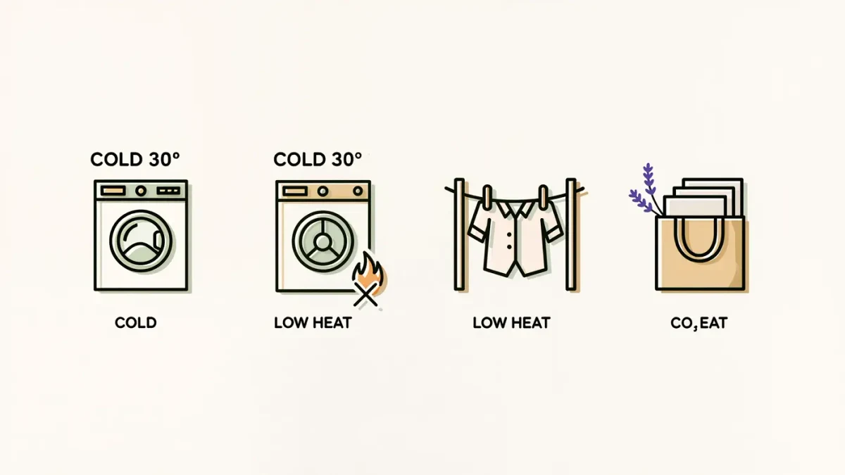 Four-step linen care checklist with wash, dry, line, and store icons
