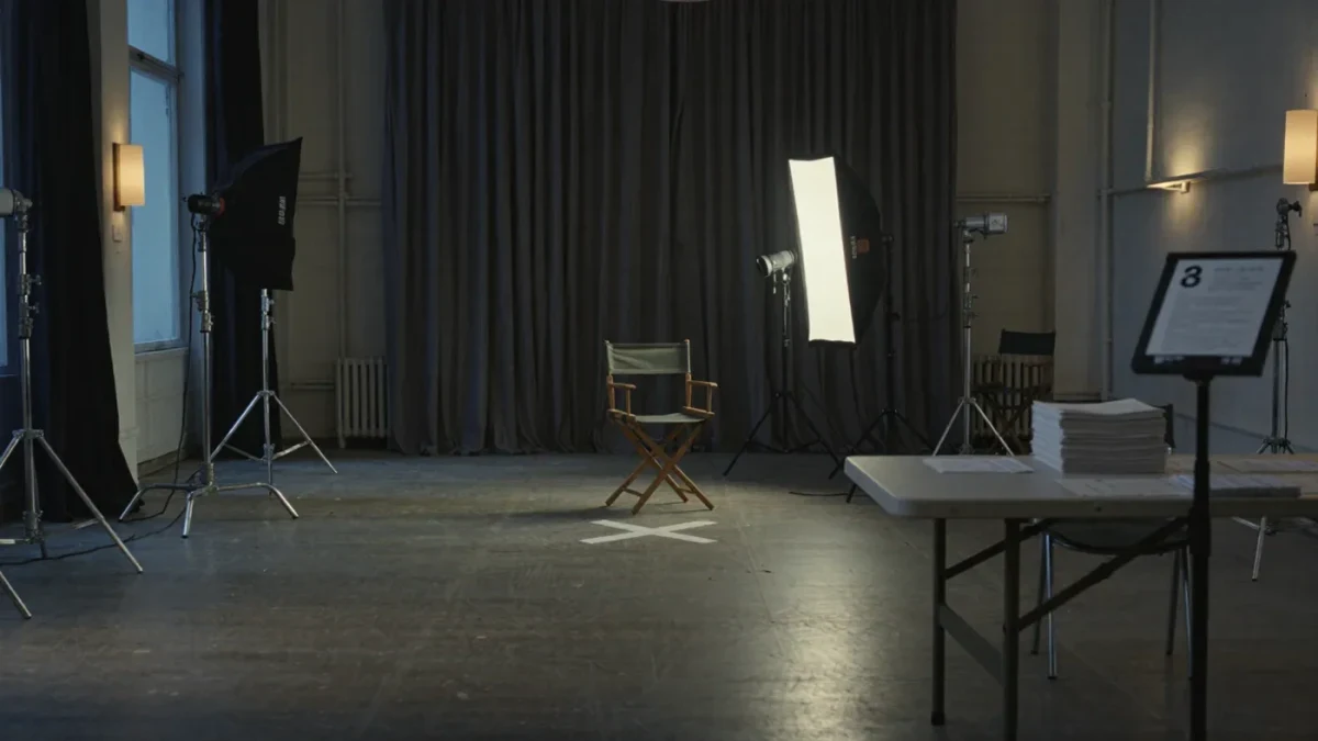 Empty casting room with a marked floor and a single chair under a spotlight