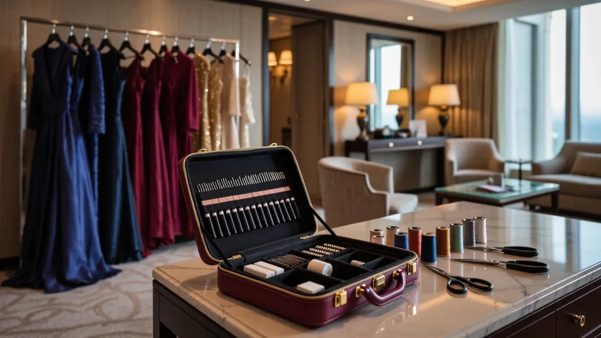 Hotel suite turned into fitting room with gowns on racks