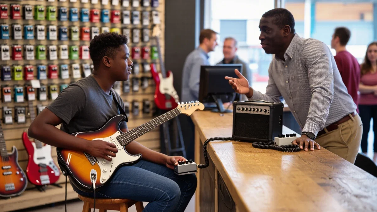 Guitarist trying a new effects pedal at a store counter with an amp