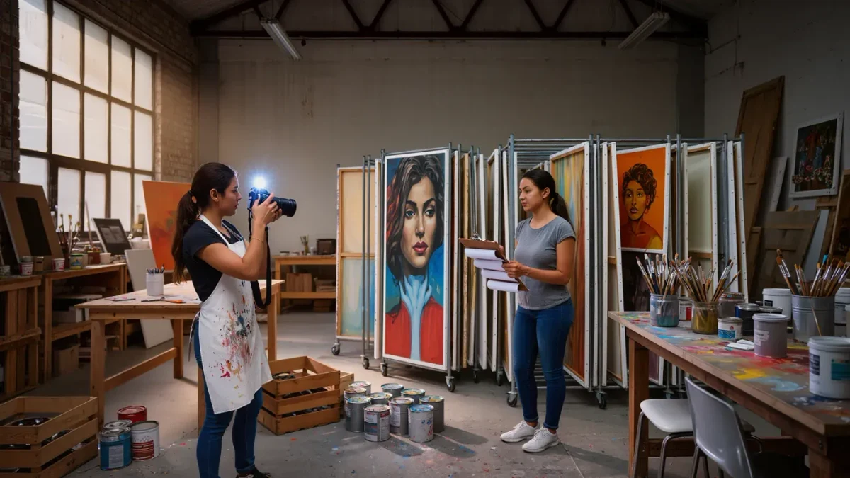 Artist photographing canvases on racks for insurance inventory