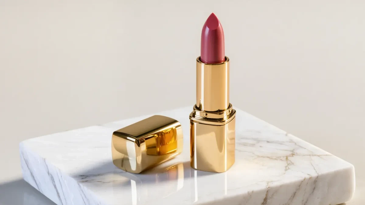 macro of an unbranded sculptural lipstick and gold case on white marble