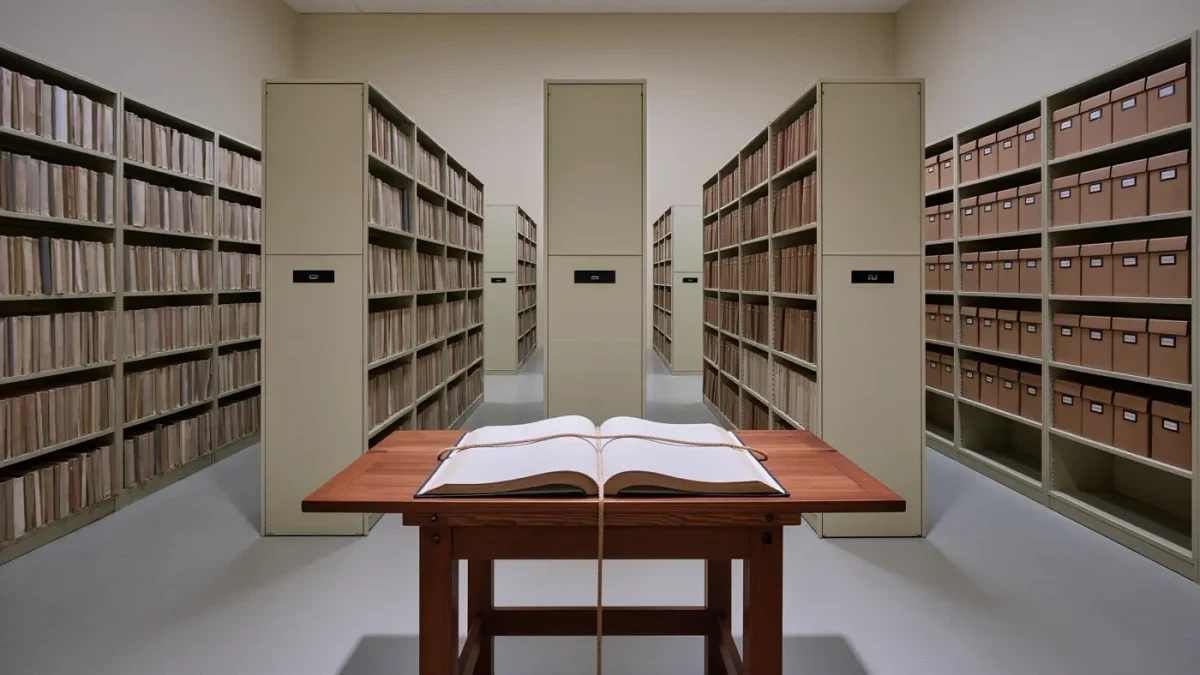 Archival library room with shelves of preserved vintage publications