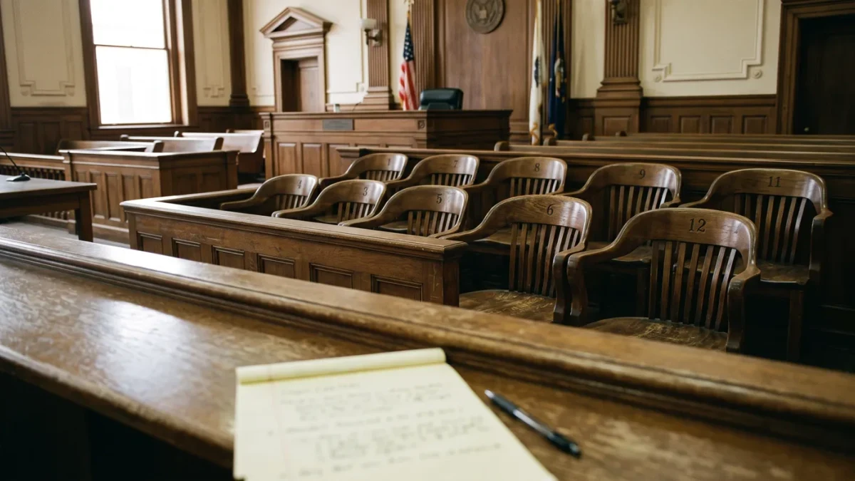 Empty jury box with numbered chairs seen from counsel table