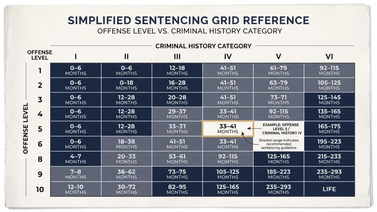 Sentencing grid chart on a judge's bench with gavel
