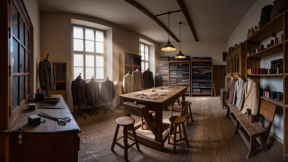 Traditional tailoring workshop with jackets in progress on wooden busts