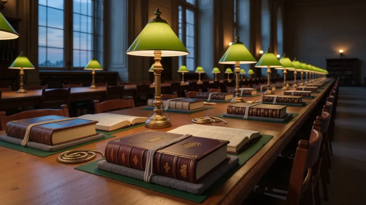 Manuscript reading room with foam cradles holding closed medieval codices