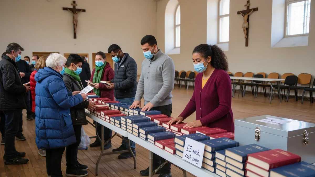 Volunteers selling plain cloth-bound Bibles at a church hall table