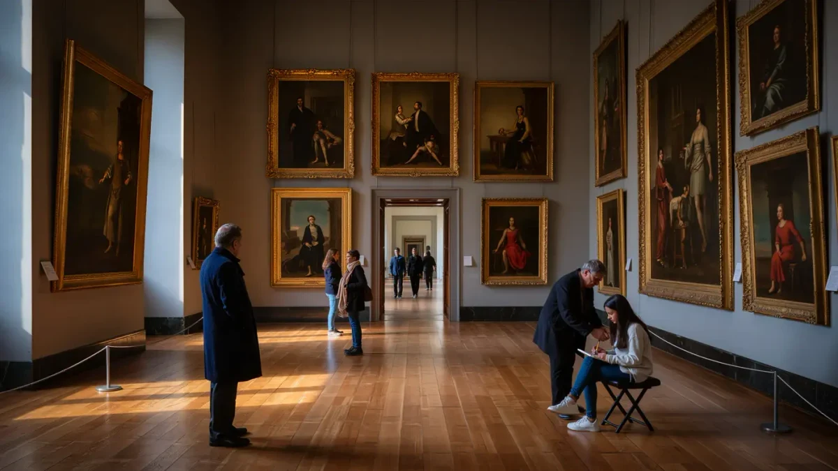 Visitors of mixed ages viewing dim gilded frames in an old-master gallery