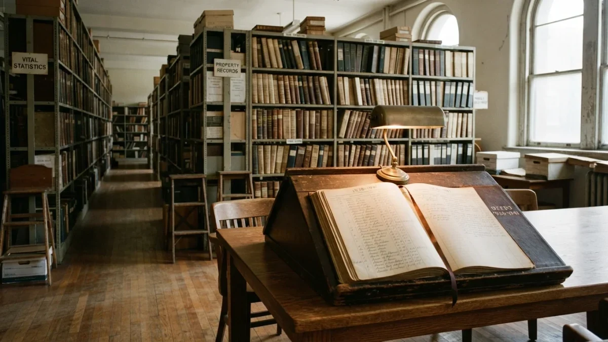 Open reference ledger on a stand in an empty public records room