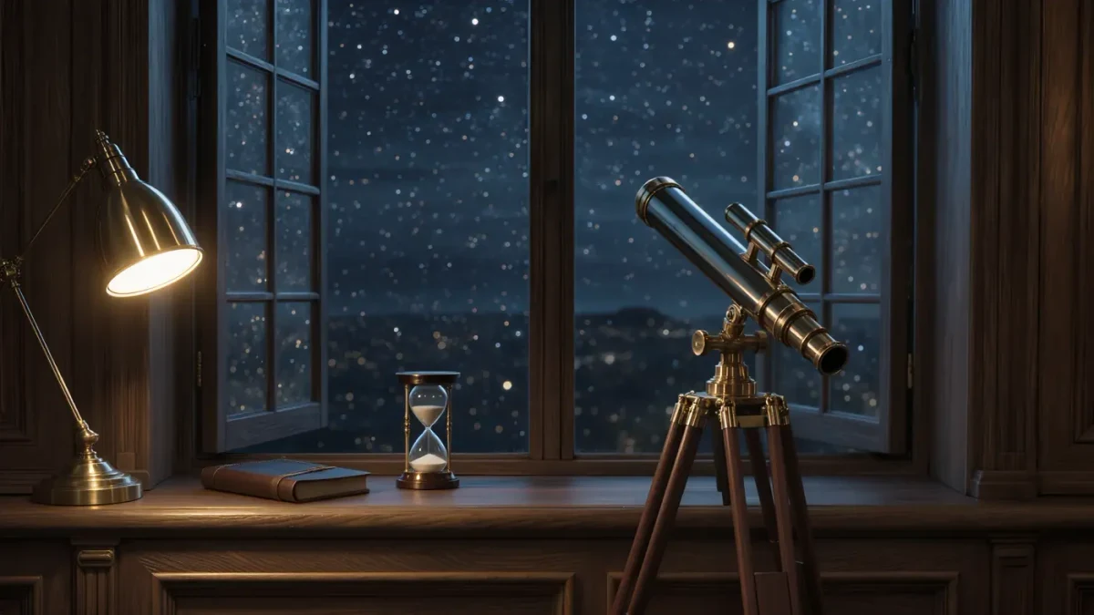 Vintage telescope beside a window under a starry night sky