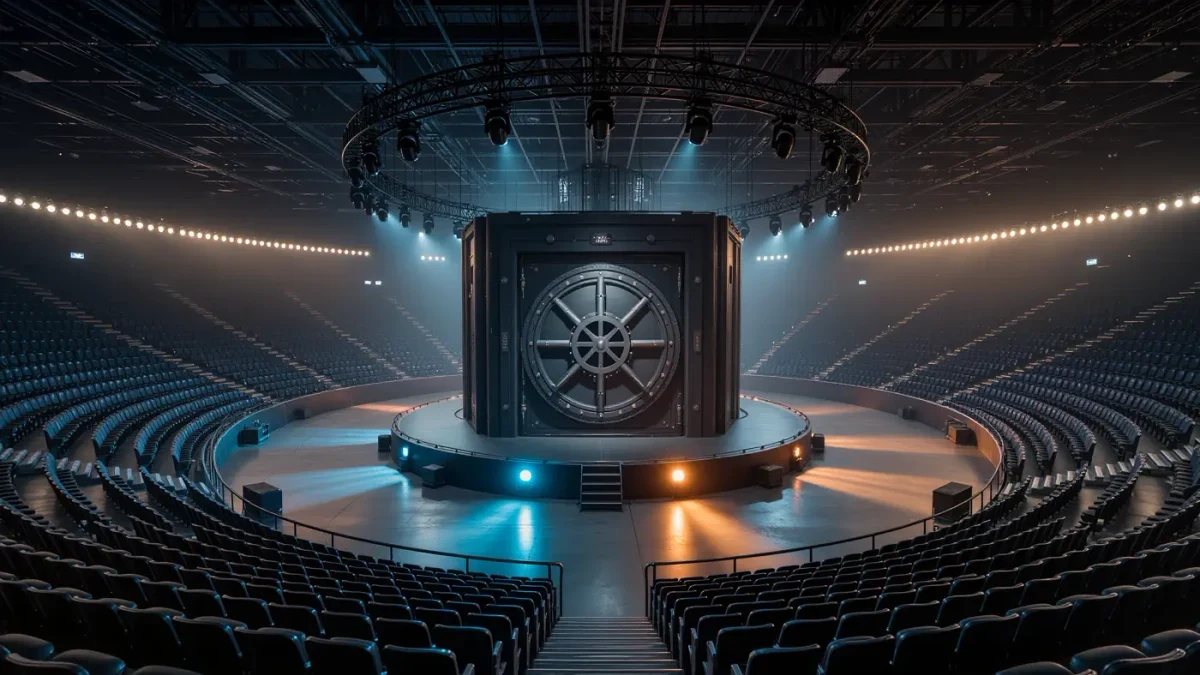 Empty esports arena stage with tactical lighting before tournament doors open