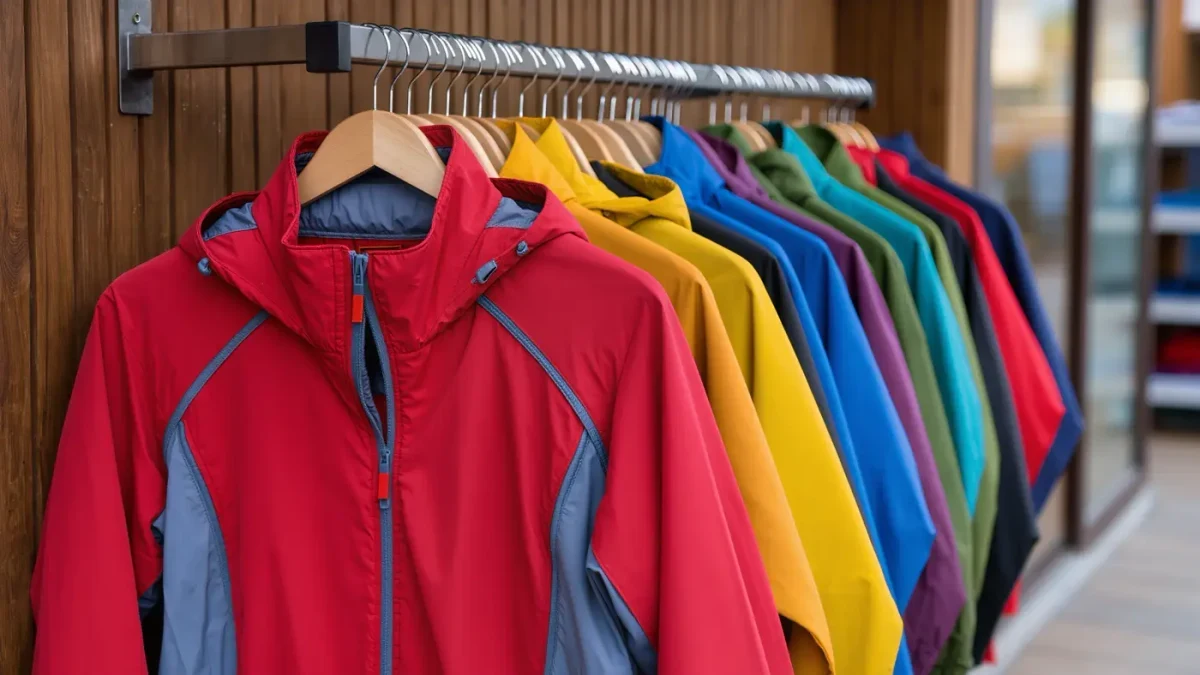 Colorful rain jackets hanging in a clean outdoor retail store