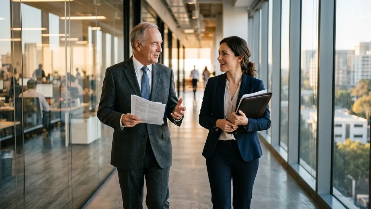Senior executive mentoring a younger leader in a glass office corridor