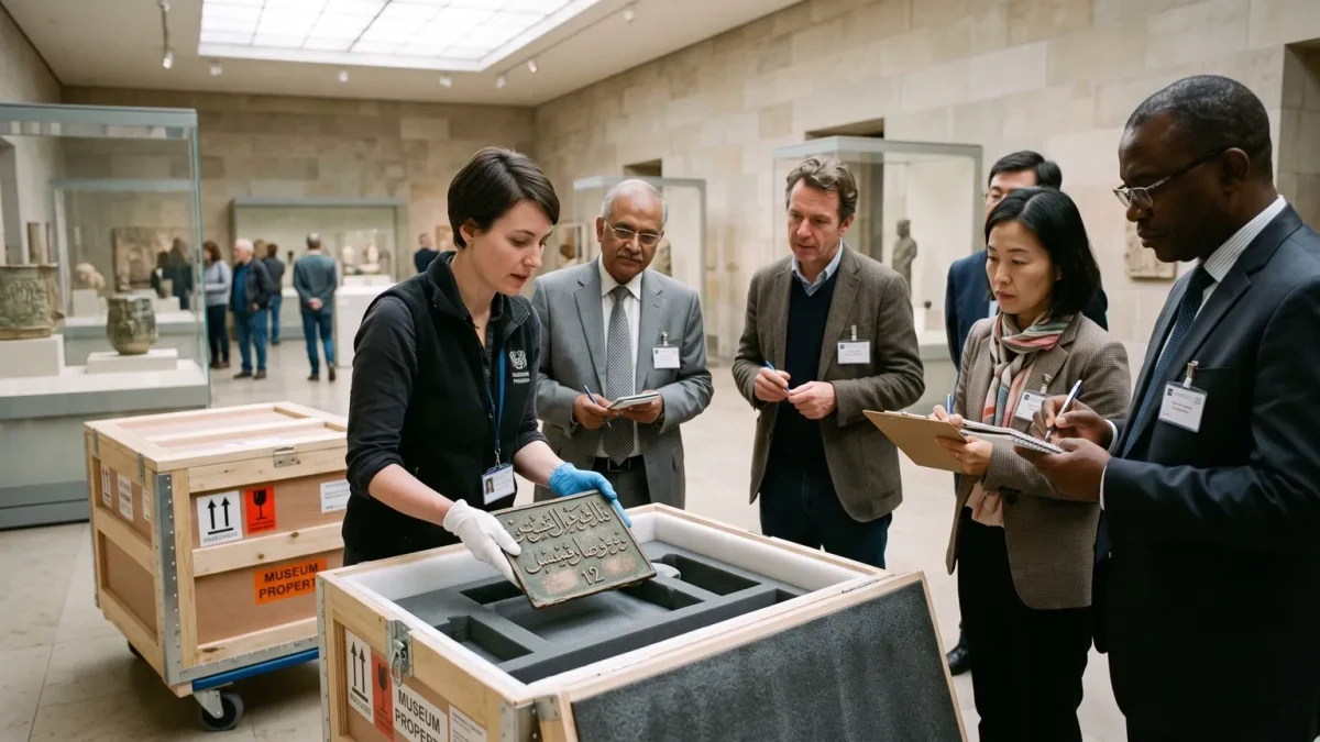 Museum officials of several nations examining artifacts at a restitution ceremony