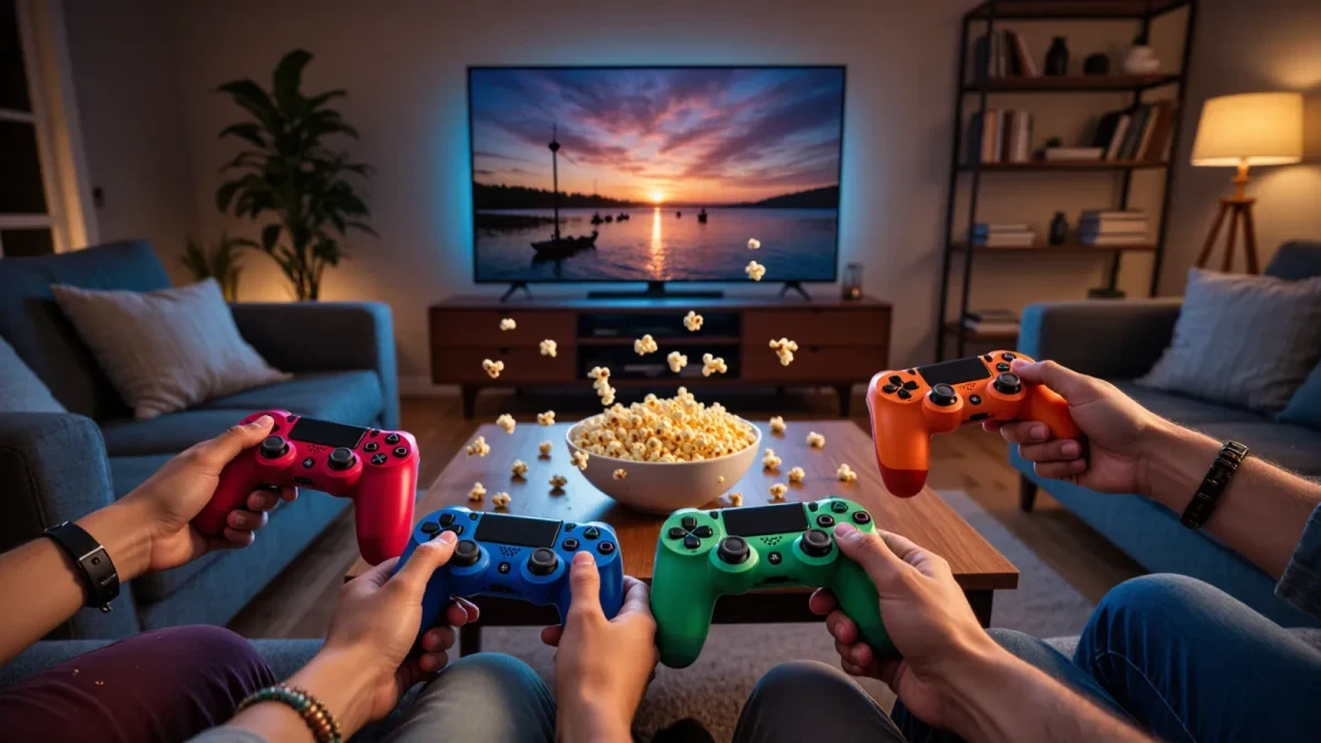Four hands holding colorful controllers during a living room tournament