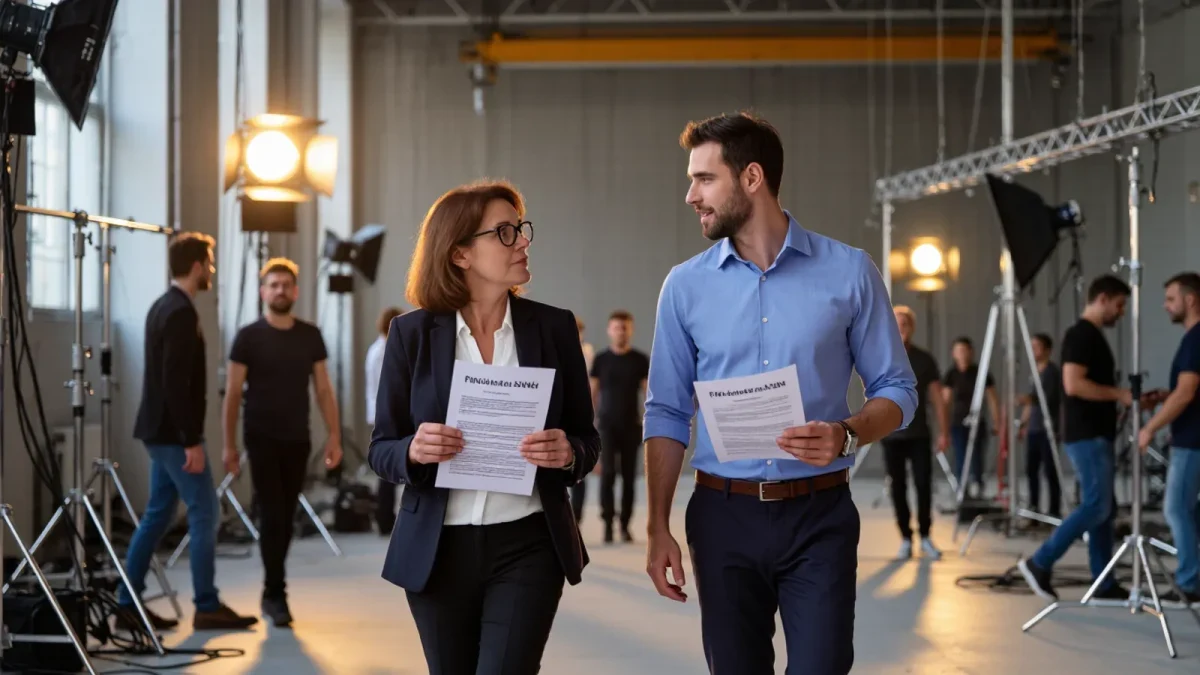 Film producers reviewing financing term sheets on a soundstage