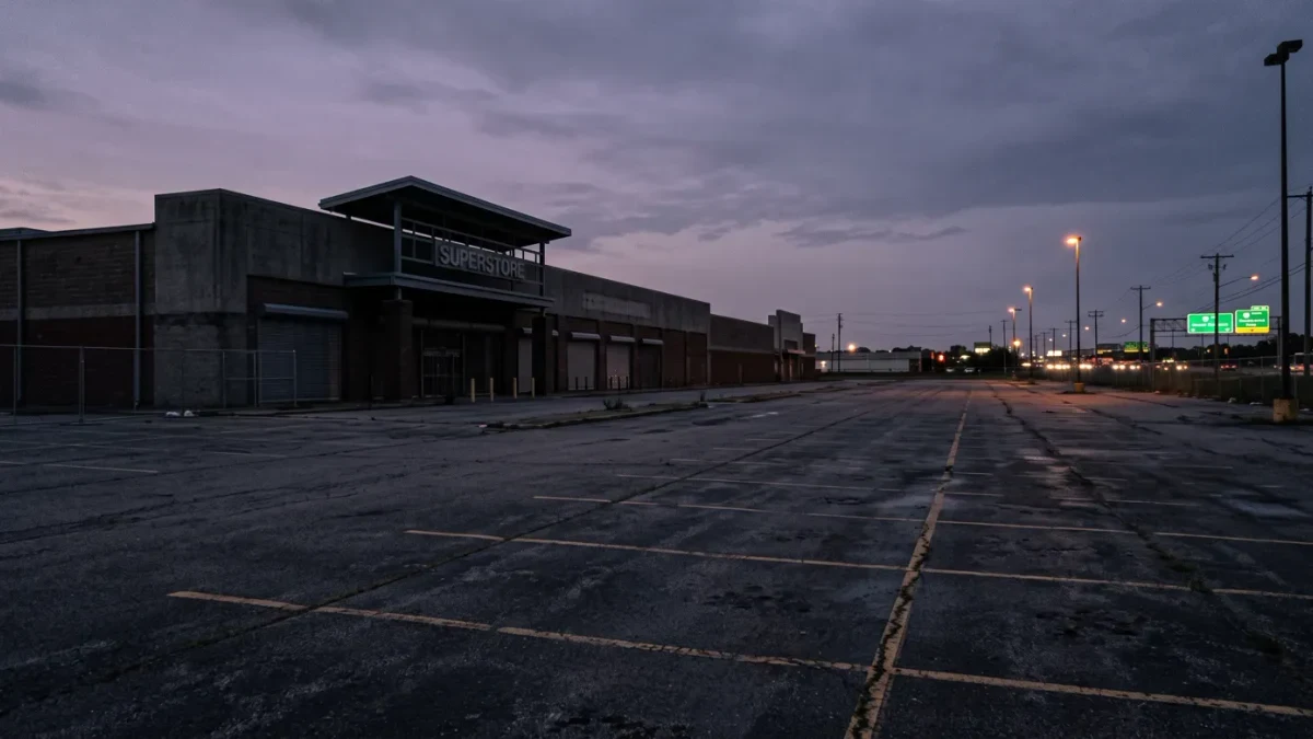 Empty superstore at dusk with a vast vacant parking field