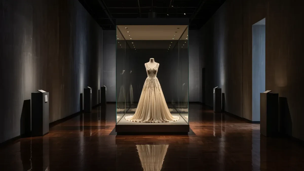 Evening gown displayed alone in a dim museum gallery case