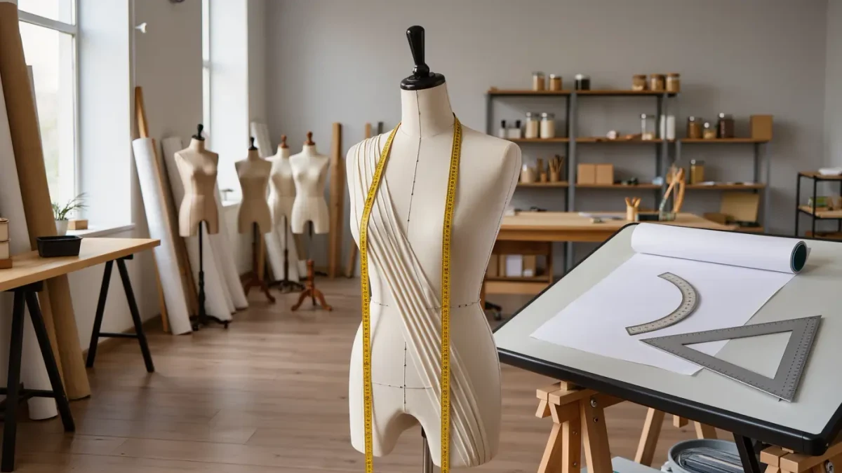 Empty atelier with a dress form draped in muslin beside a pattern drafting table