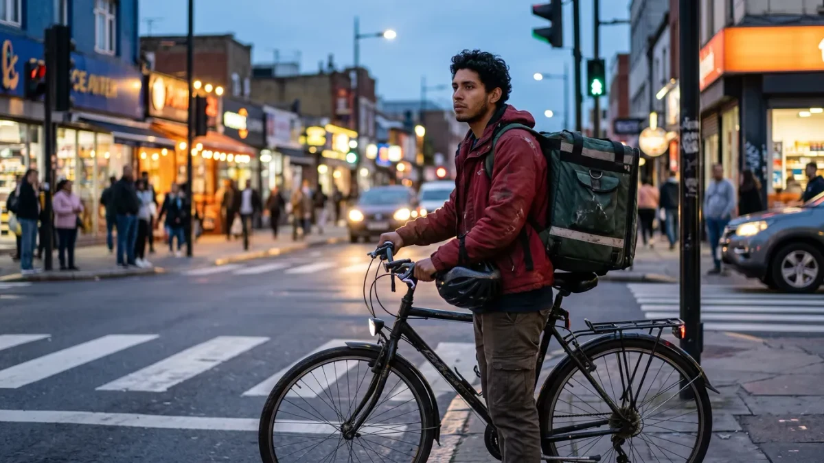 Delivery rider waiting at a crosswalk with insulated bag at dusk
