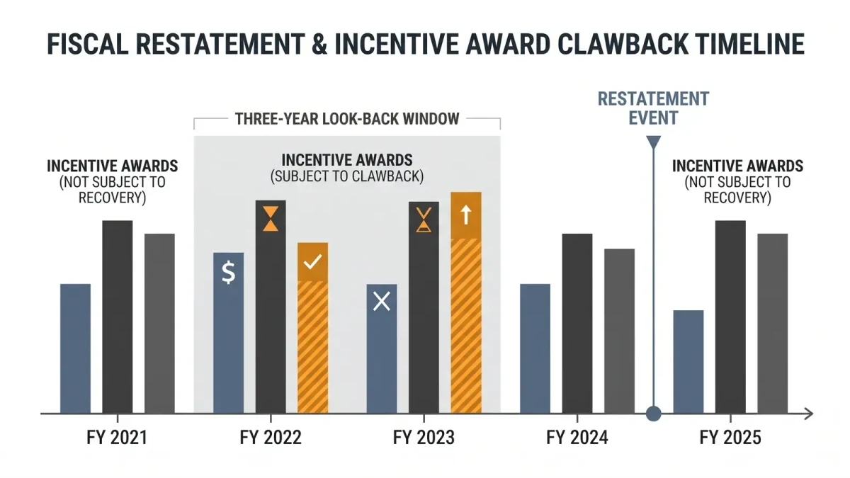 Infographic of the three-year recovery window around a restatement date