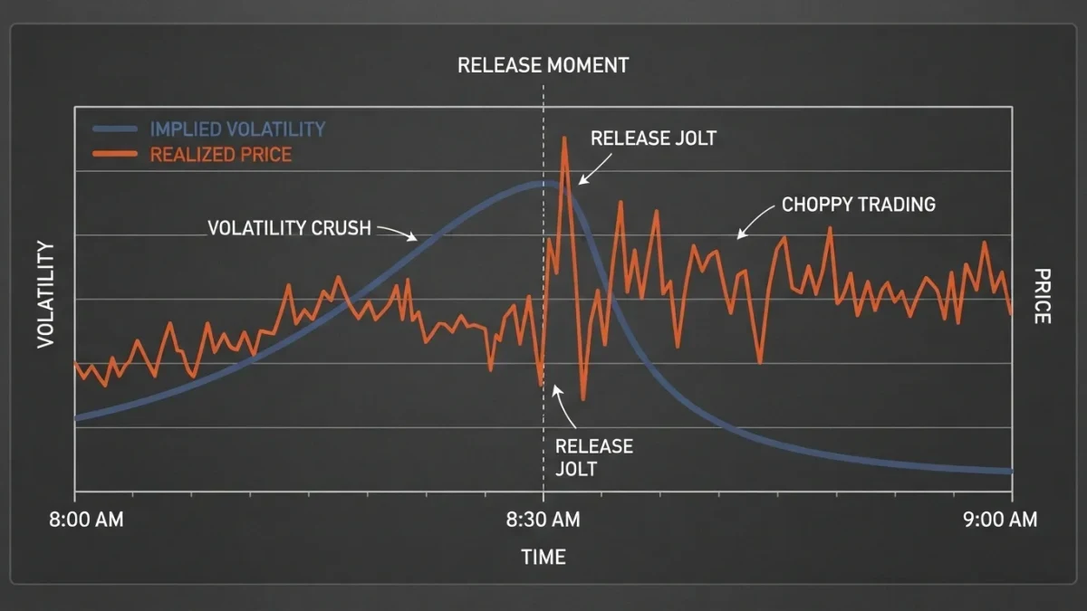 Infographic of volatility rising into a release and crushing after