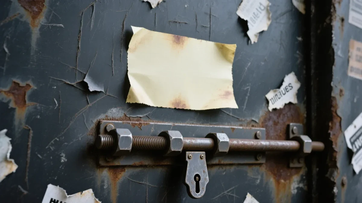 Close-up of a worn club entrance door with a closing notice