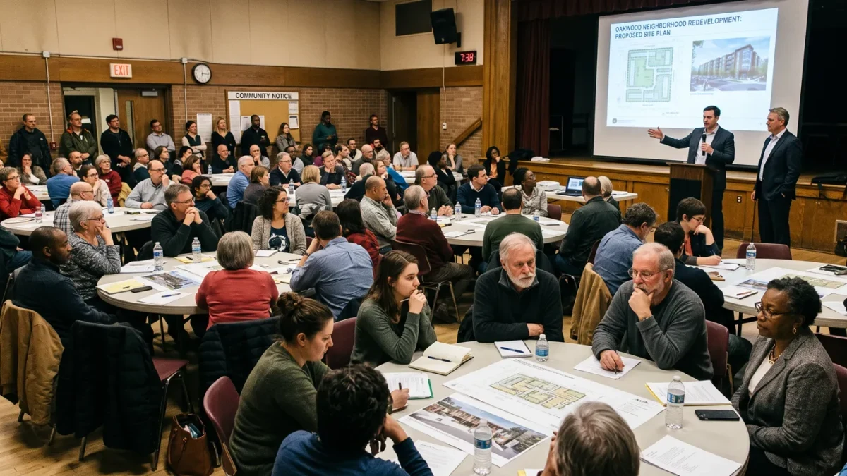Residents and developers reviewing plans at a packed community meeting