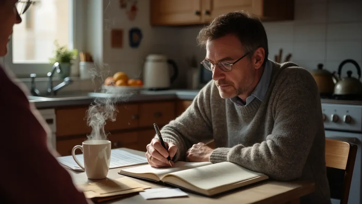 A full-time writer working at a kitchen table in morning light
