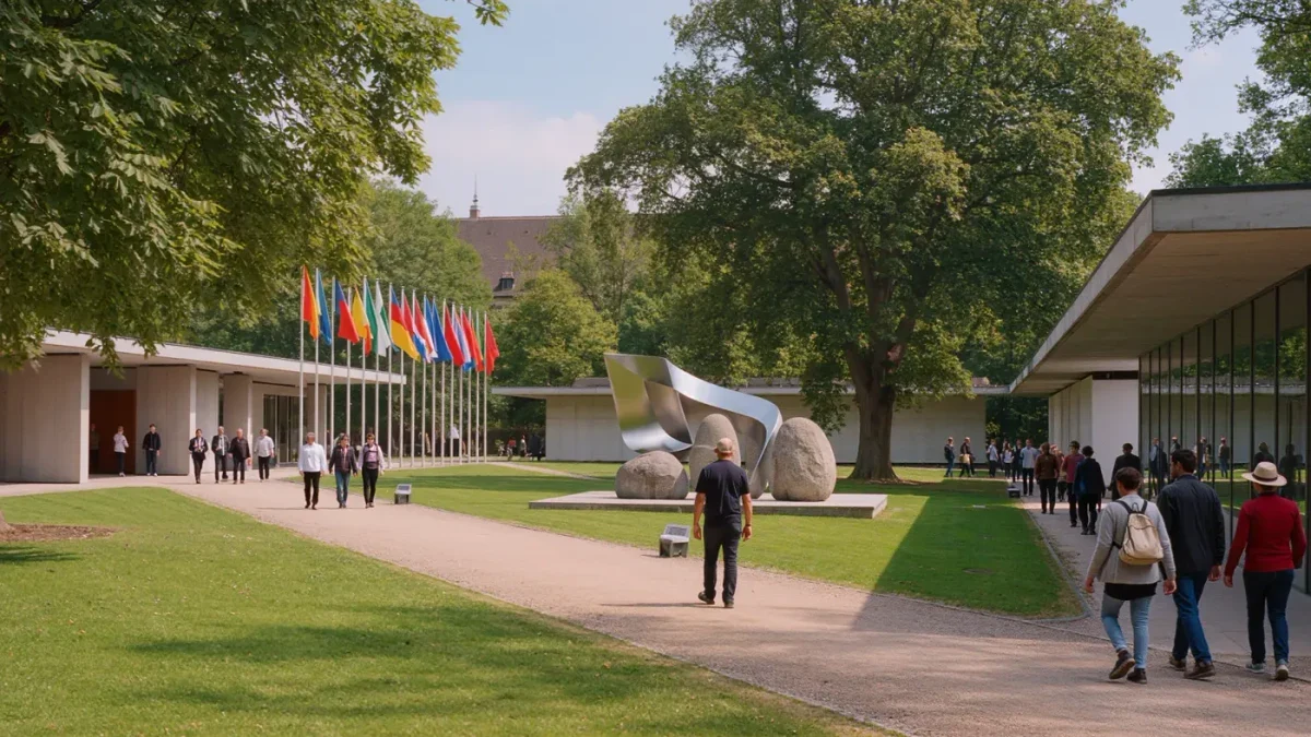 Visitors walking between national pavilions in the Giardini