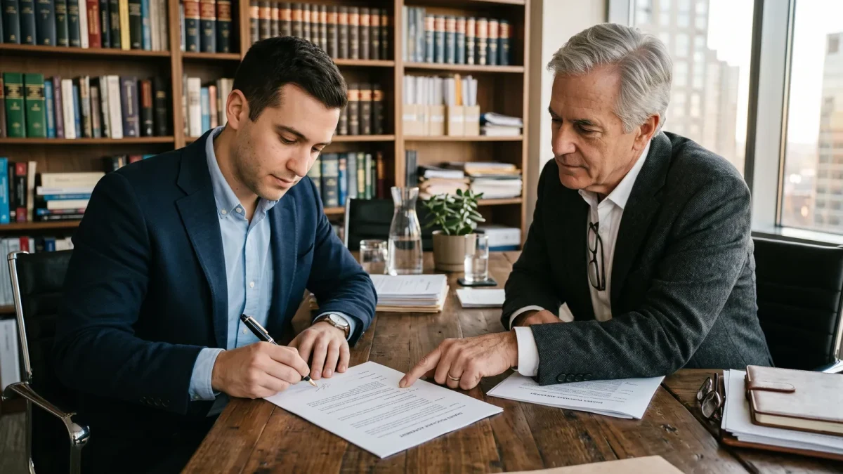 Founder signing vesting paperwork guided by an attorney